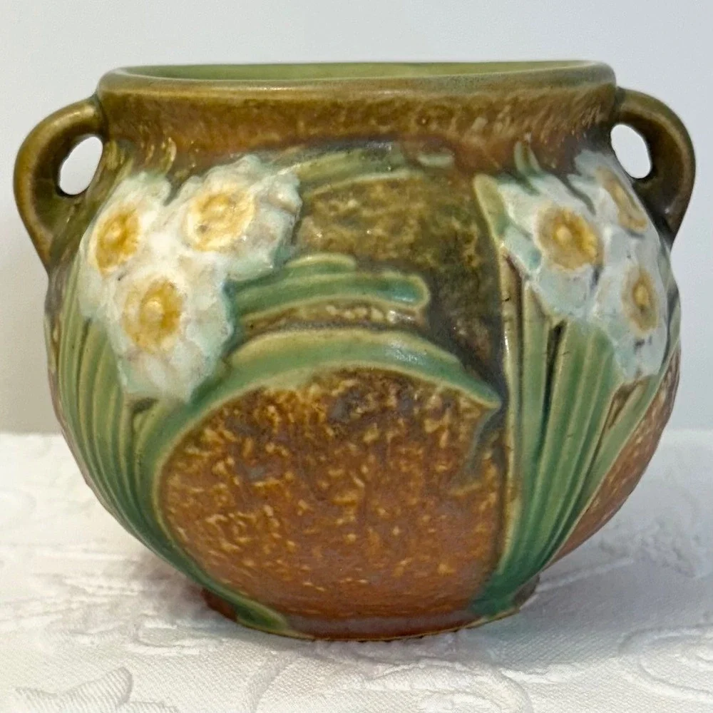 Antique 1930s Roseville Pottery Jonquil Jardiniere Squat Vase Double Handled